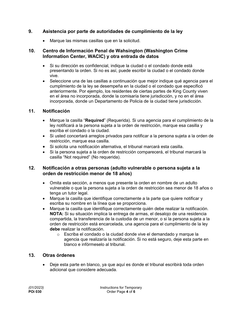 Instrucciones para Formulario PO030 Orden De Proteccion Temporal Y El Aviso De Audiencia - Washington (Spanish), Page 4