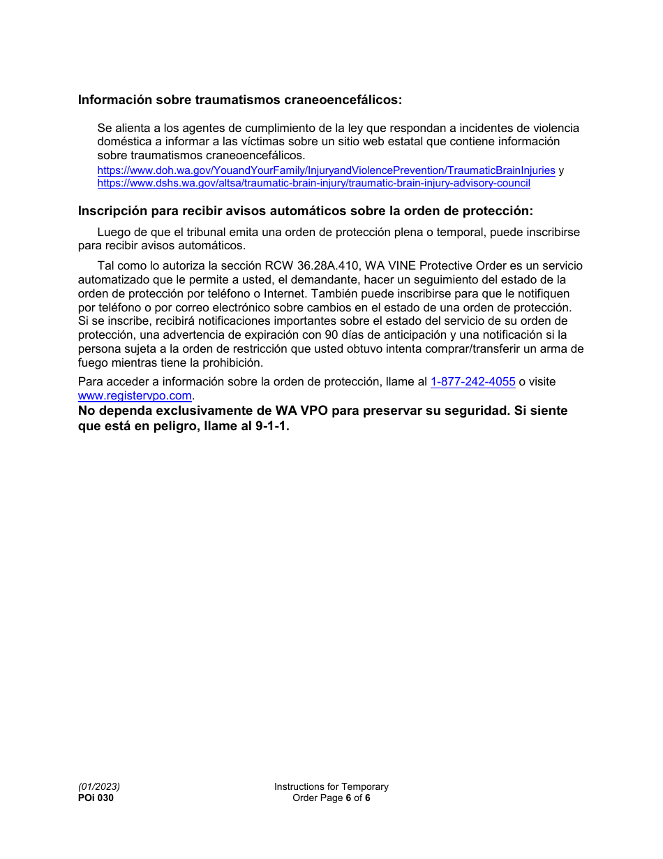 Instrucciones para Formulario PO030 Orden De Proteccion Temporal Y El Aviso De Audiencia - Washington (Spanish), Page 6