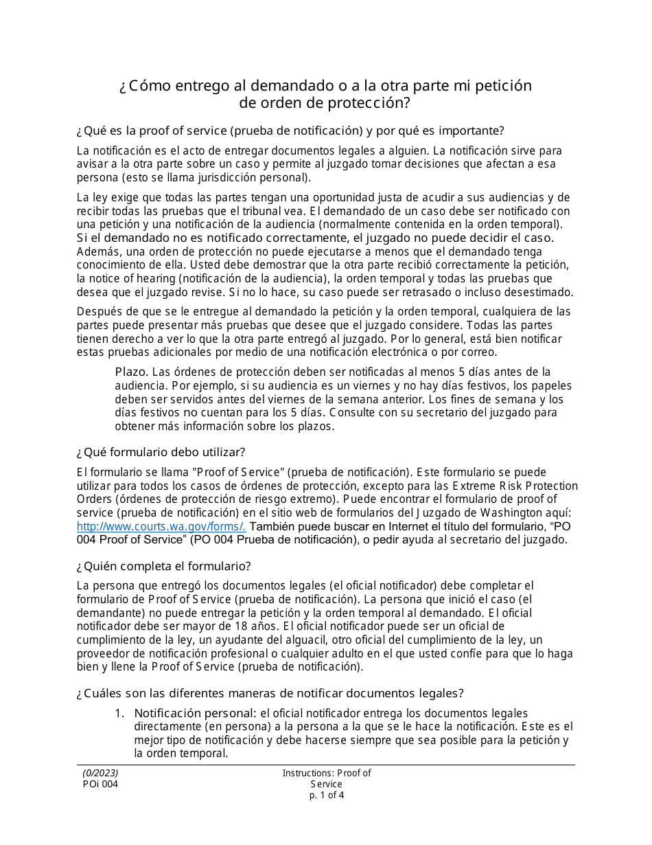 Instrucciones para Formulario PO004 Prueba De Notificacion - Washington (Spanish), Page 1