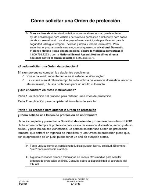 Instrucciones para Formulario PO001 Solicitud De Una Orden De Proteccion - Washington (Spanish)