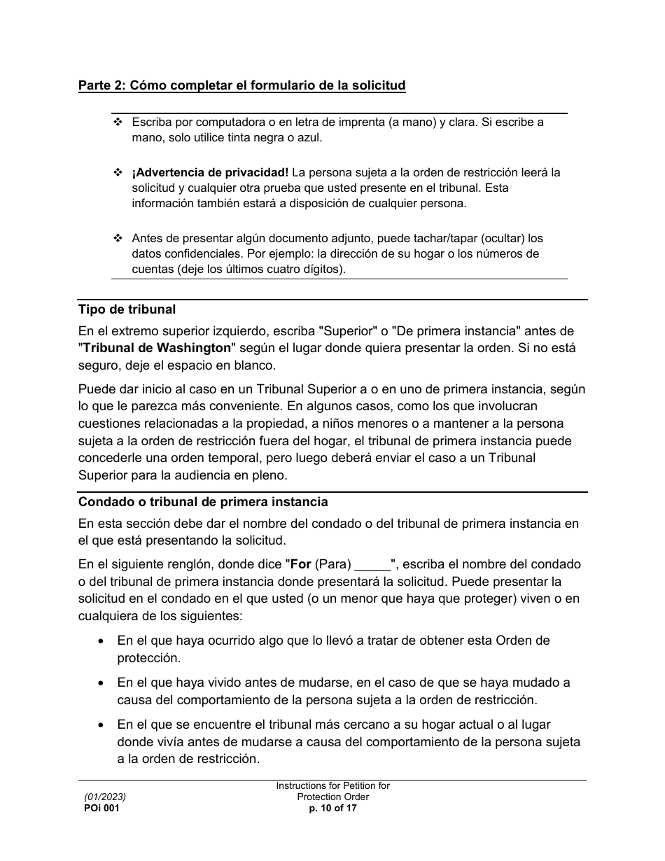 Instrucciones para Formulario PO001 Solicitud De Una Orden De Proteccion - Washington (Spanish), Page 10