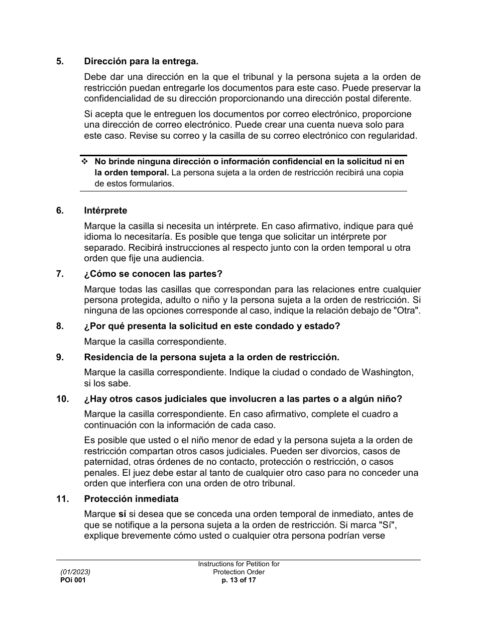 Instrucciones para Formulario PO001 Solicitud De Una Orden De Proteccion - Washington (Spanish), Page 13