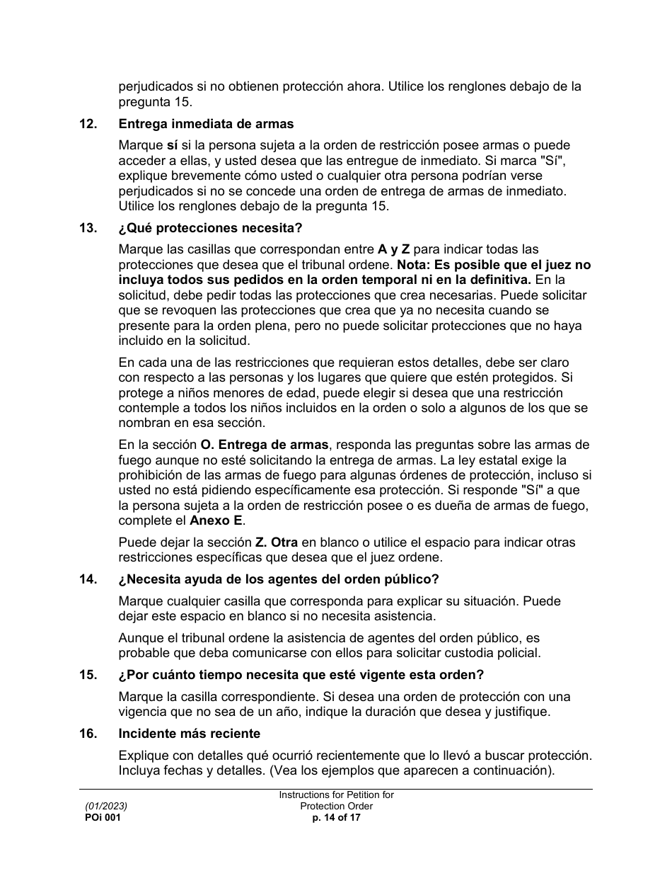 Instrucciones para Formulario PO001 Solicitud De Una Orden De Proteccion - Washington (Spanish), Page 14