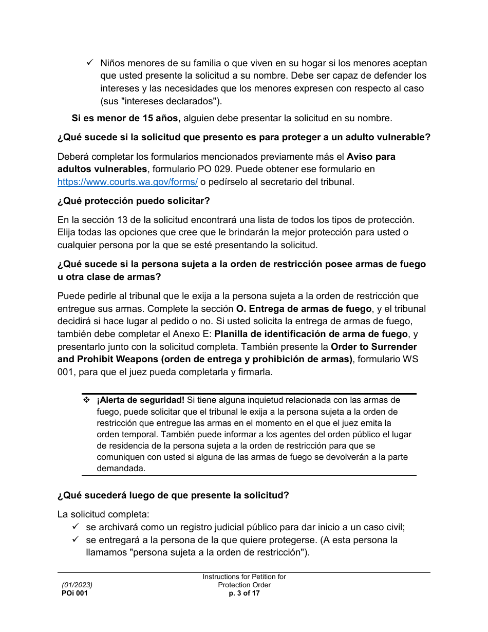 Instrucciones para Formulario PO001 Solicitud De Una Orden De Proteccion - Washington (Spanish), Page 3