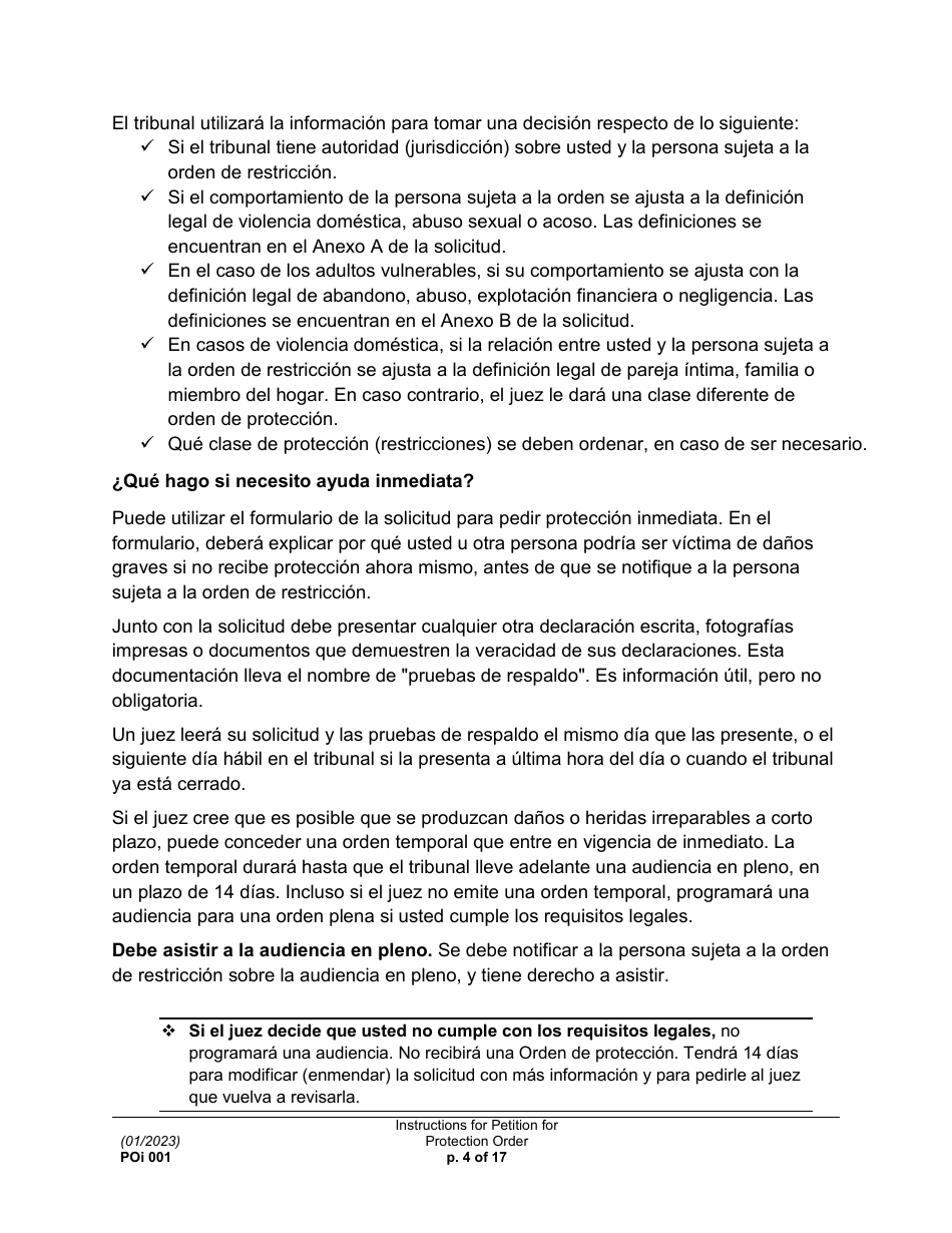 Instrucciones para Formulario PO001 Solicitud De Una Orden De Proteccion - Washington (Spanish), Page 4