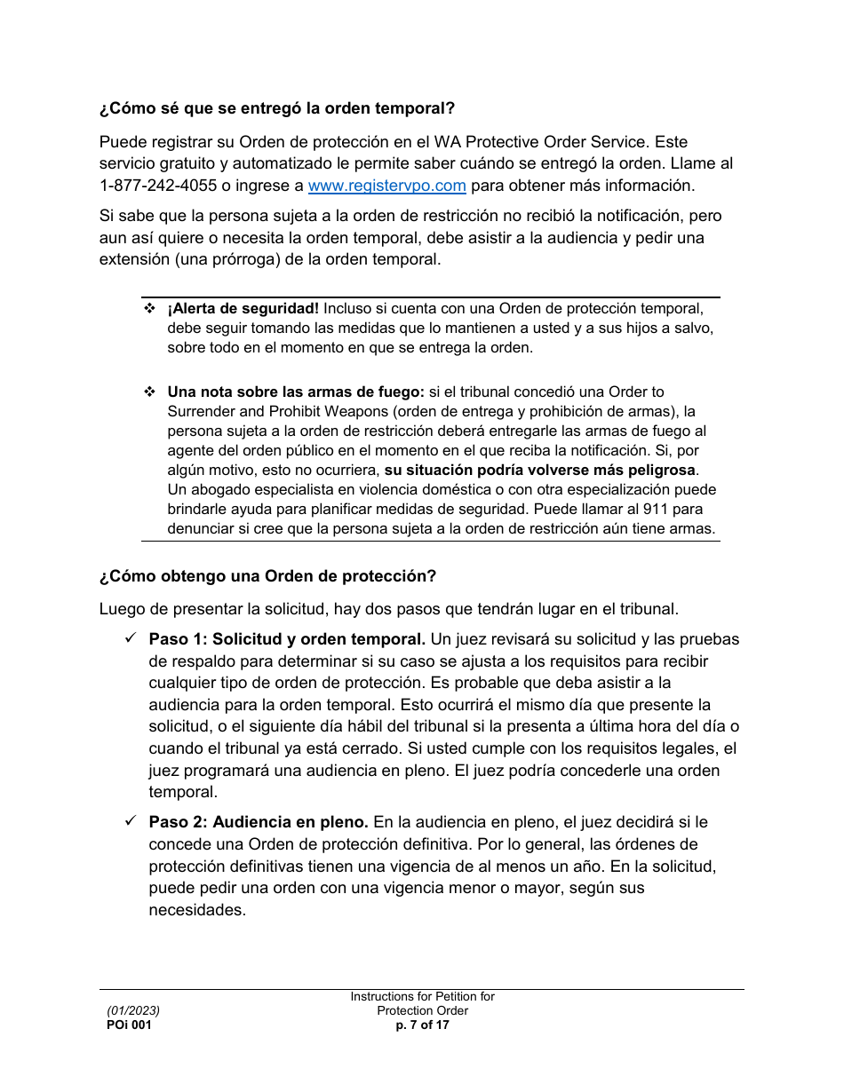 Instrucciones para Formulario PO001 Solicitud De Una Orden De Proteccion - Washington (Spanish), Page 7
