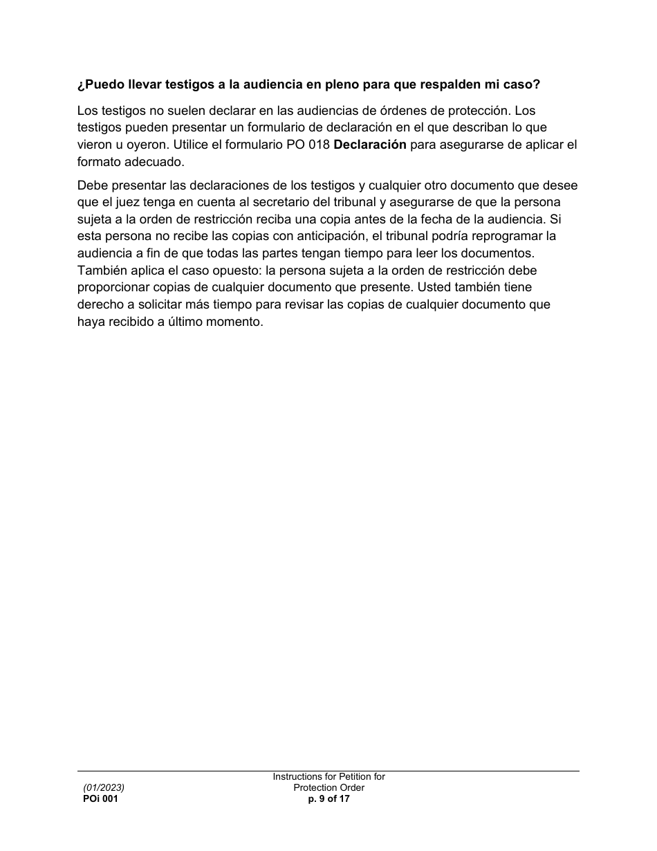 Instrucciones para Formulario PO001 Solicitud De Una Orden De Proteccion - Washington (Spanish), Page 9