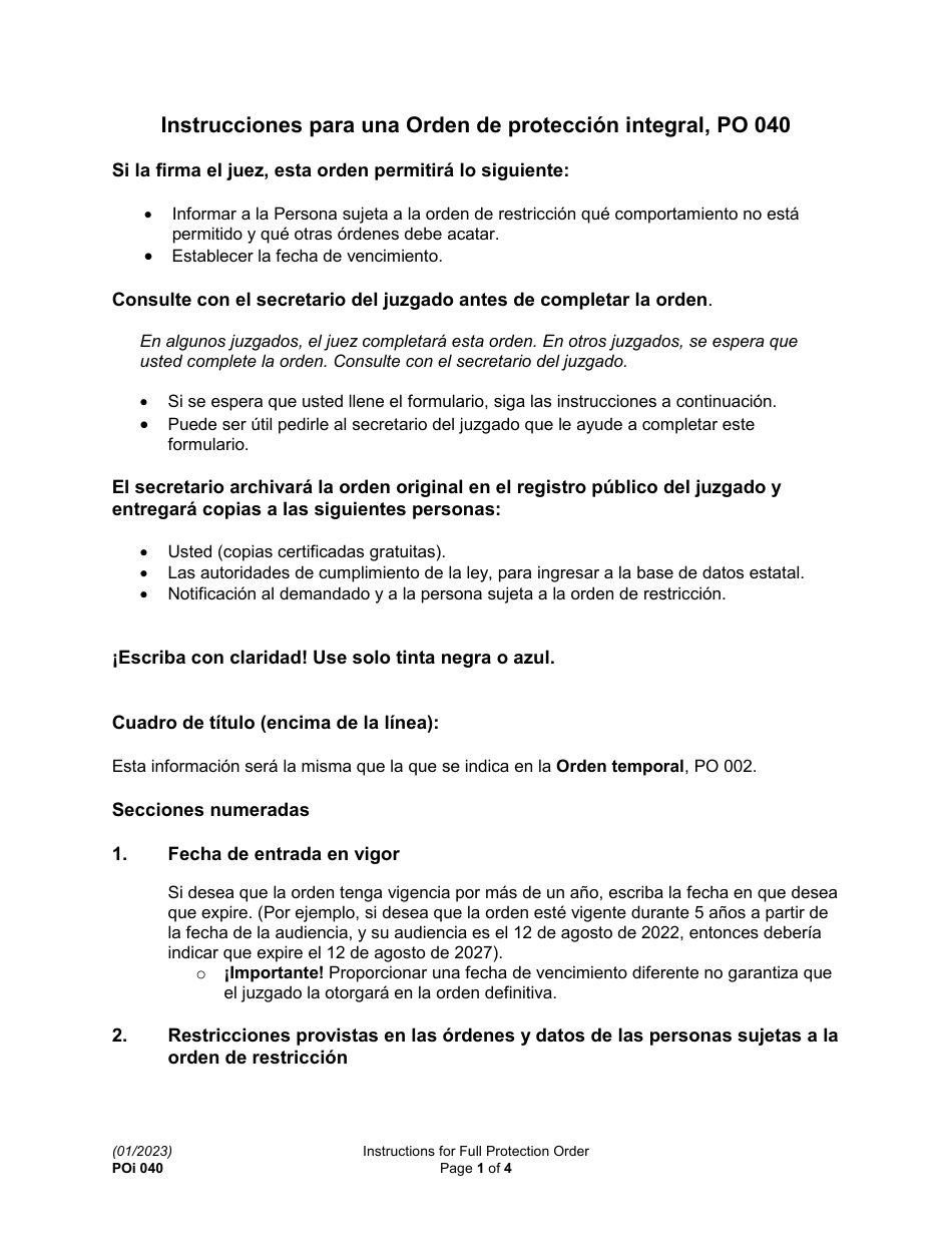 Instrucciones para Formulario PO040 Orden De Proteccion - Washington (Spanish), Page 1