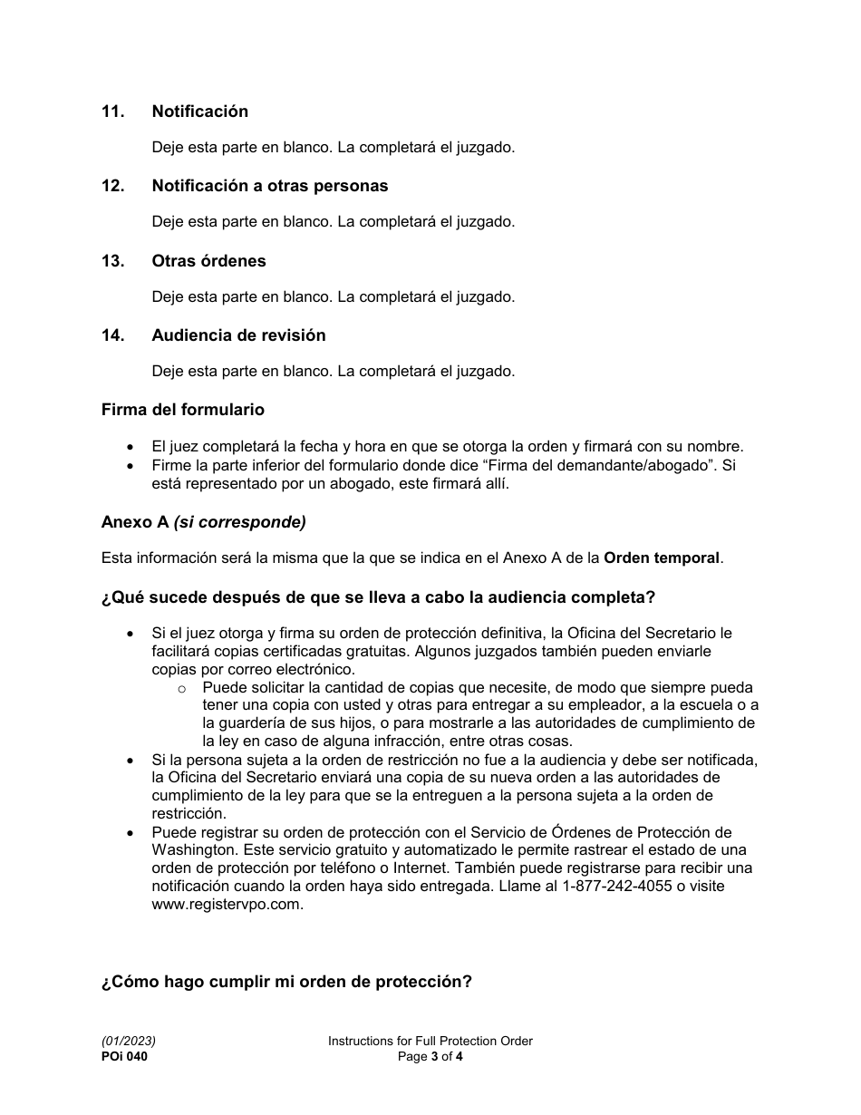 Instrucciones para Formulario PO040 Orden De Proteccion - Washington (Spanish), Page 3