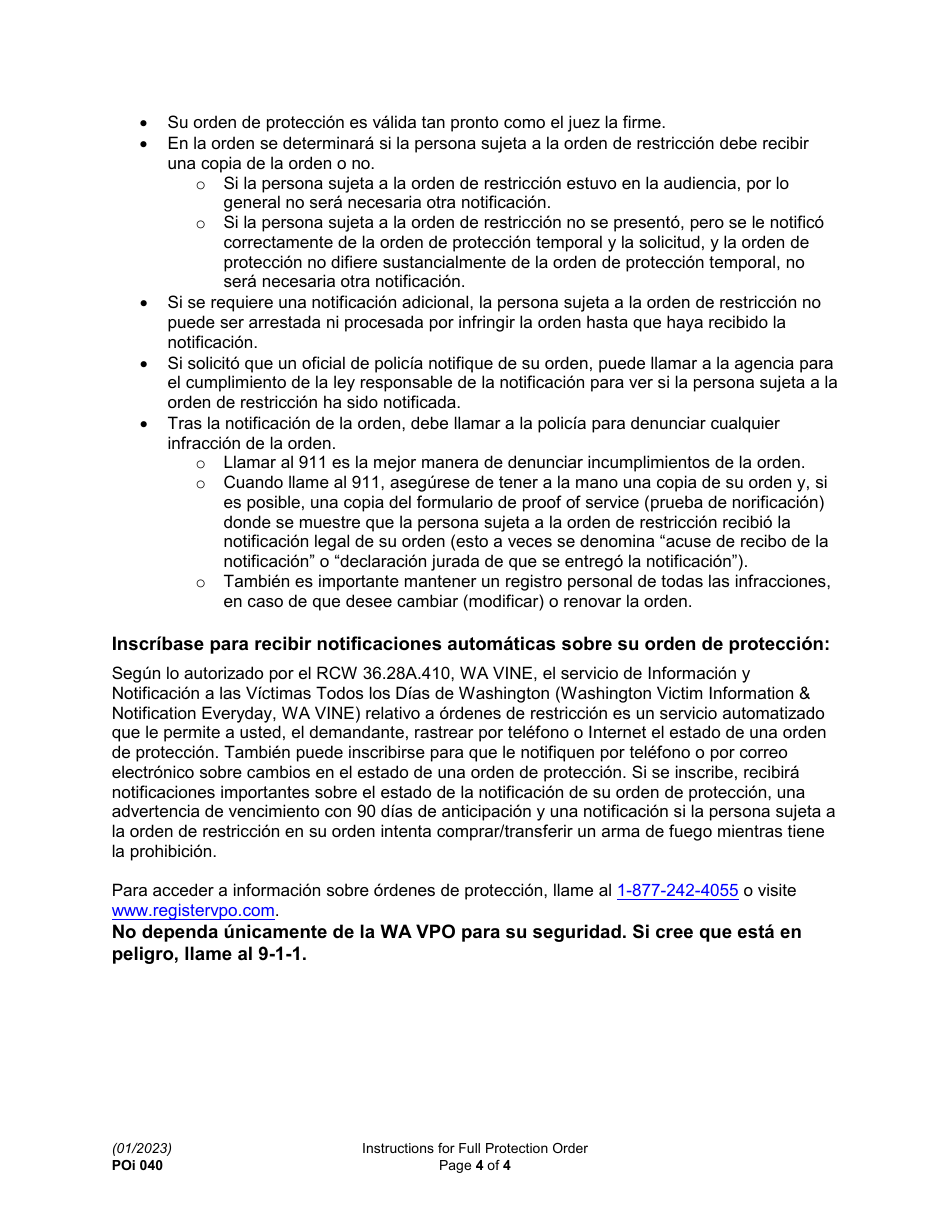Instrucciones para Formulario PO040 Orden De Proteccion - Washington (Spanish), Page 4
