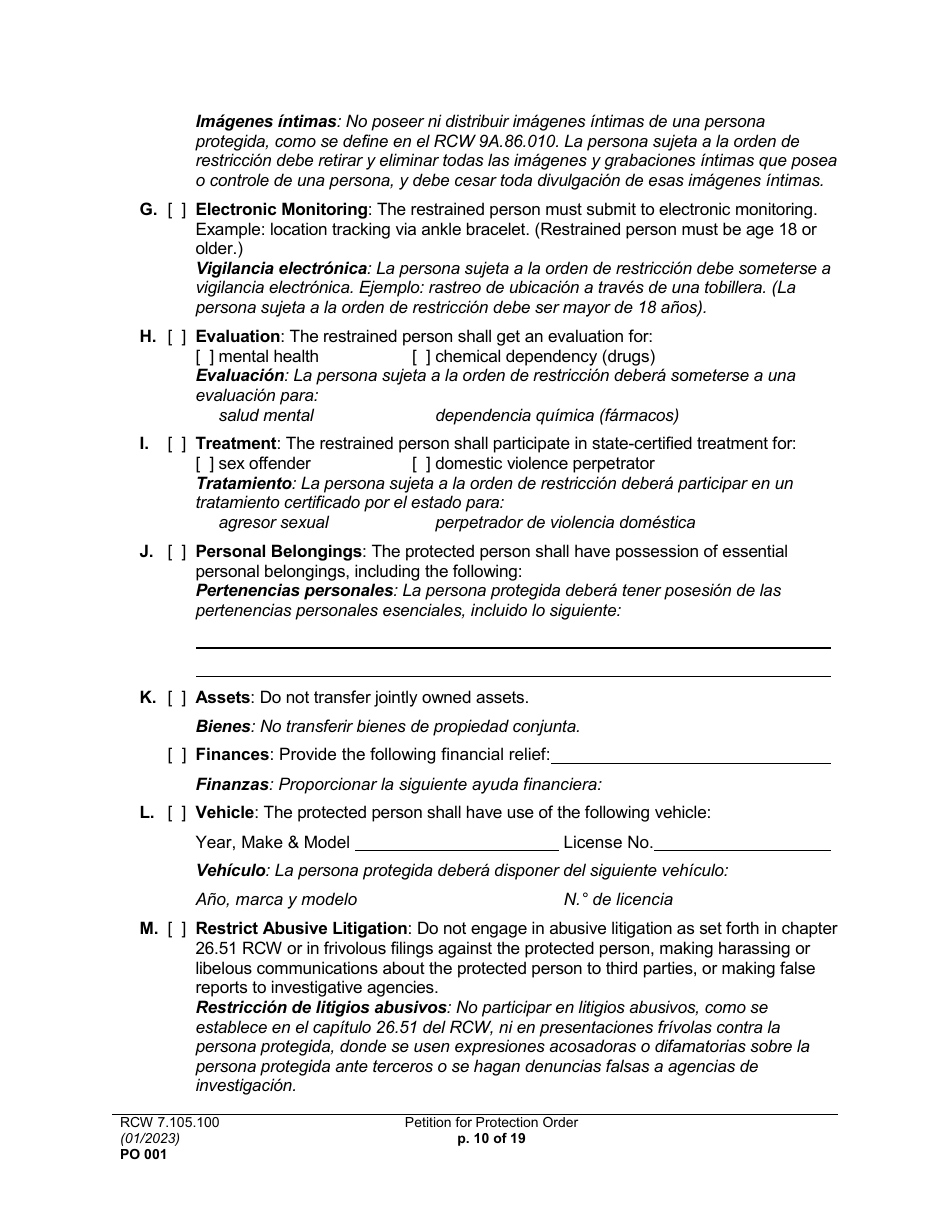Form PO001 Petition for Protection Order - Washington (English / Spanish), Page 10