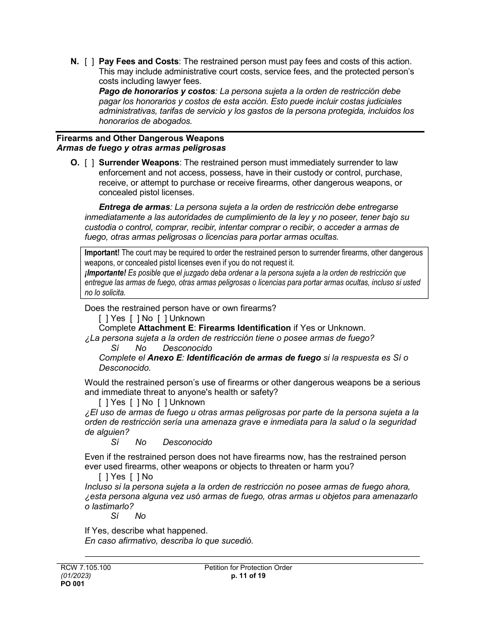 Form PO001 Petition for Protection Order - Washington (English / Spanish), Page 11