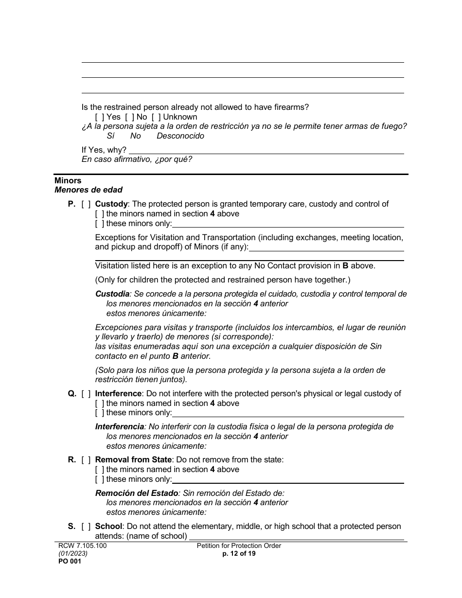 Form PO001 Petition for Protection Order - Washington (English / Spanish), Page 12