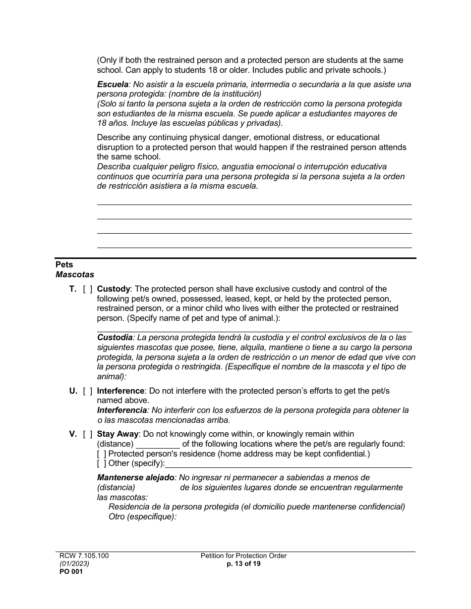 Form PO001 Petition for Protection Order - Washington (English / Spanish), Page 13
