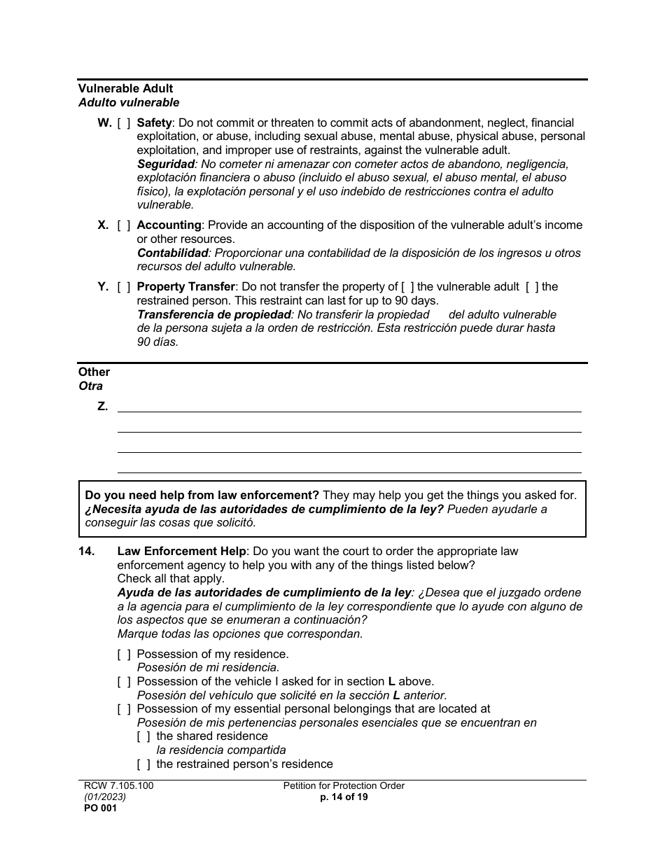 Form PO001 Petition for Protection Order - Washington (English / Spanish), Page 14