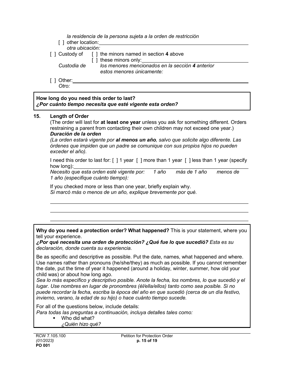 Form PO001 Petition for Protection Order - Washington (English / Spanish), Page 15