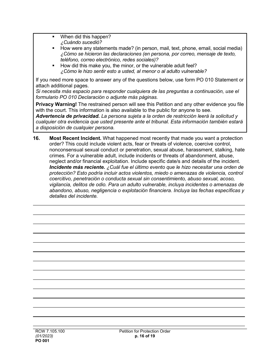 Form PO001 Petition for Protection Order - Washington (English / Spanish), Page 16