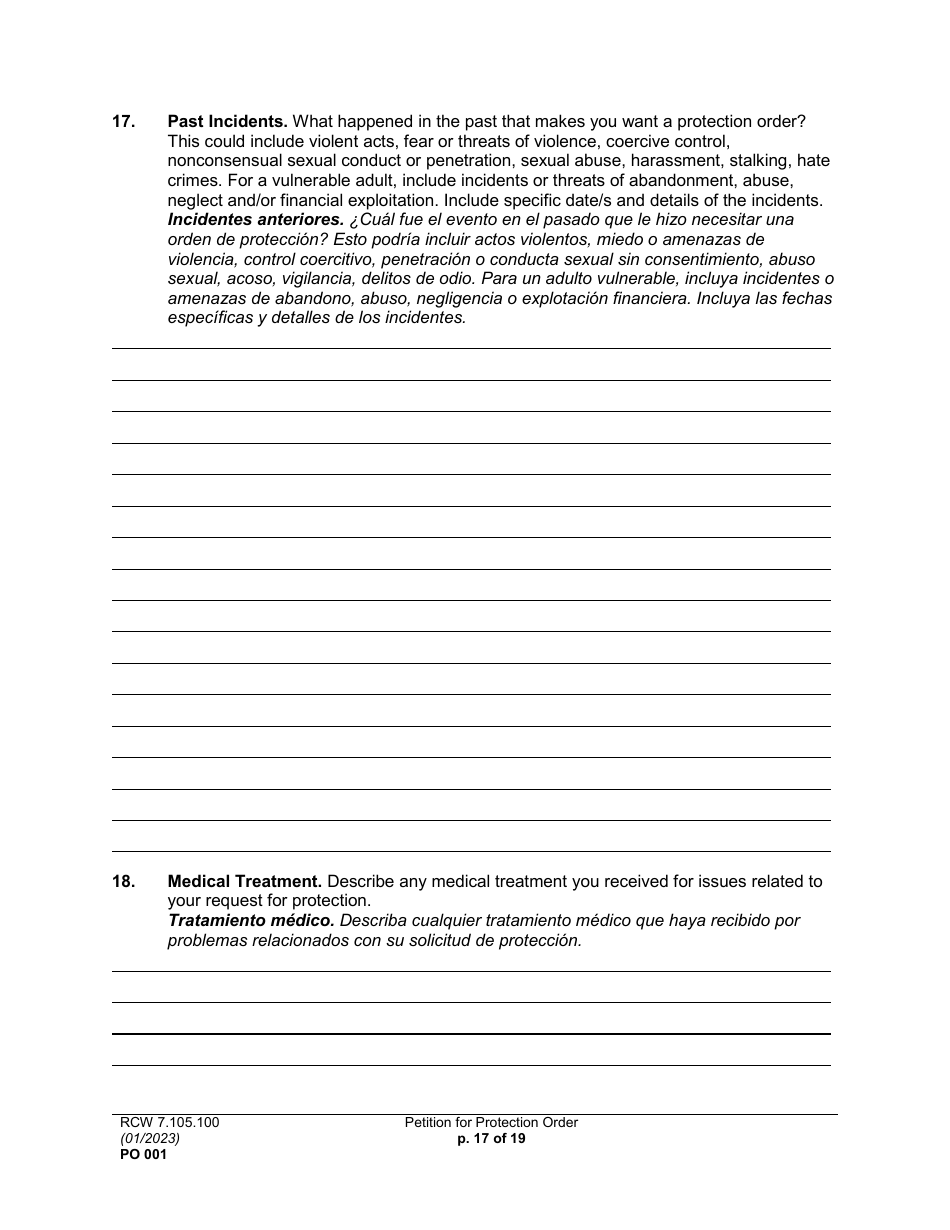 Form PO001 Petition for Protection Order - Washington (English / Spanish), Page 17
