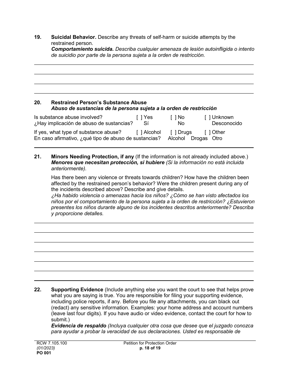Form PO001 Petition for Protection Order - Washington (English / Spanish), Page 18
