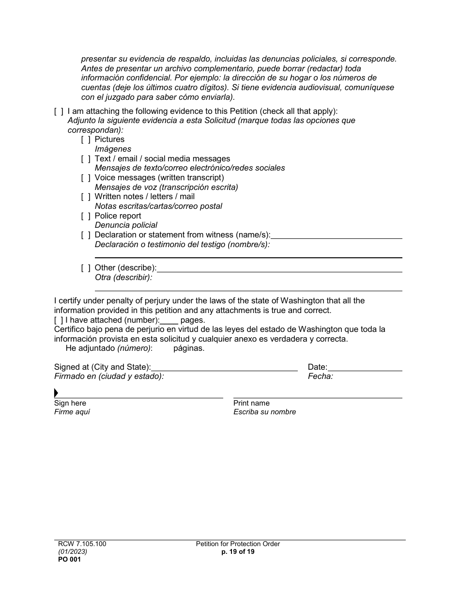 Form PO001 Petition for Protection Order - Washington (English / Spanish), Page 19
