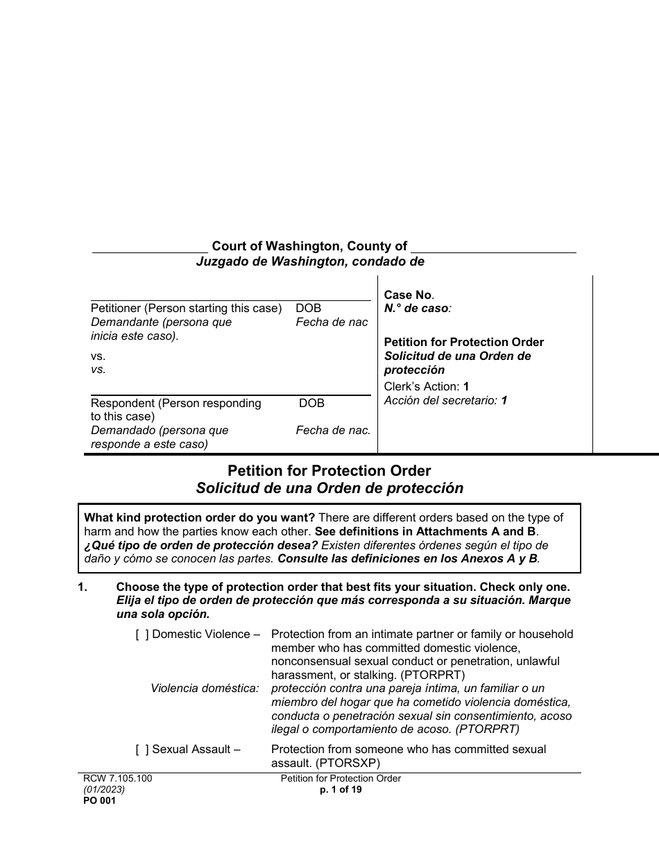 Form PO001 Petition for Protection Order - Washington (English / Spanish), Page 1