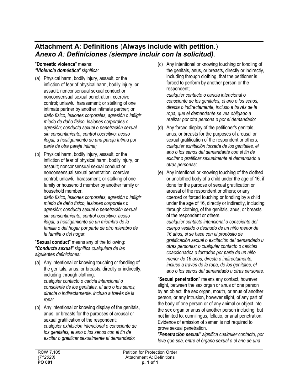 Form PO001 Petition for Protection Order - Washington (English / Spanish), Page 20