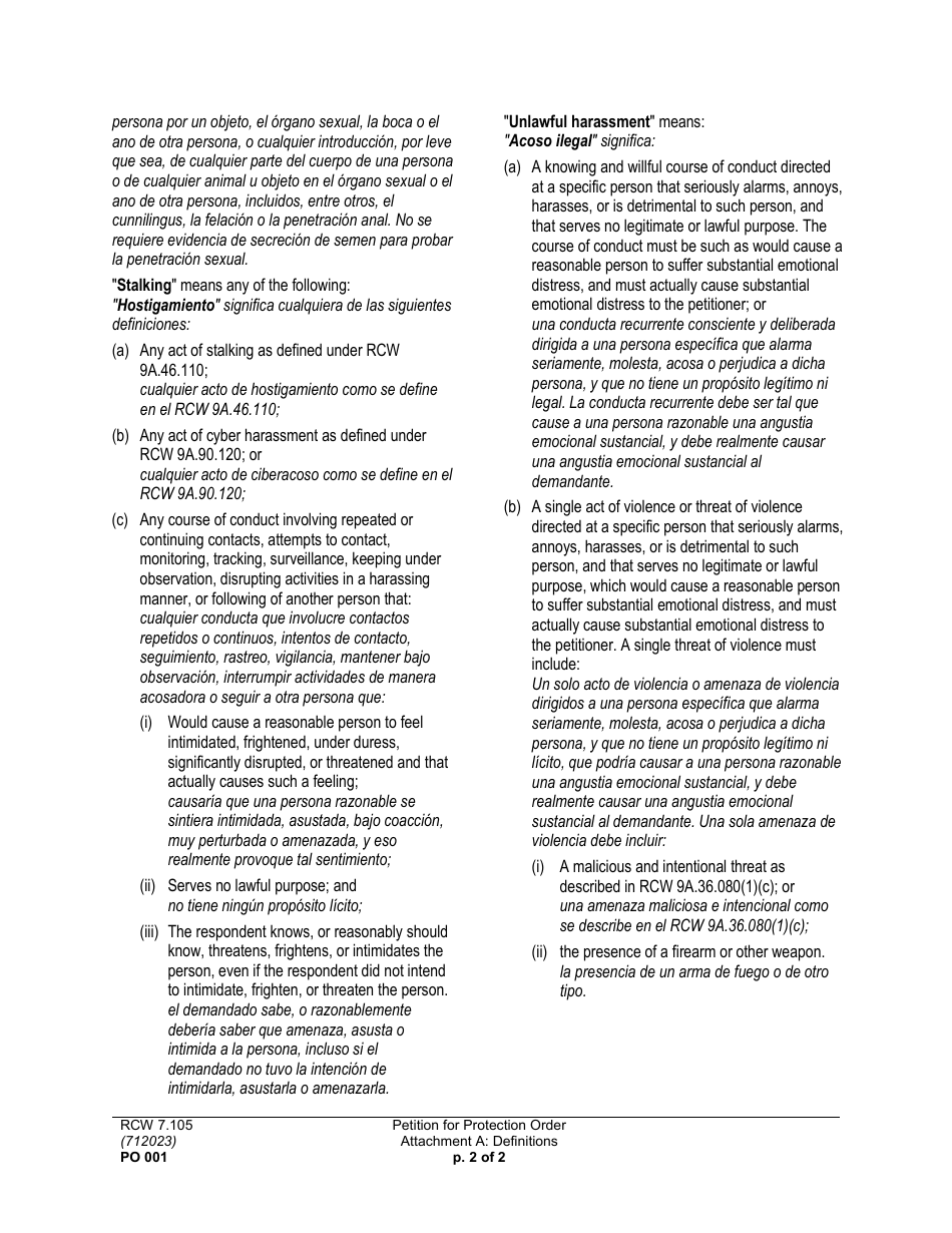 Form PO001 Petition for Protection Order - Washington (English / Spanish), Page 21