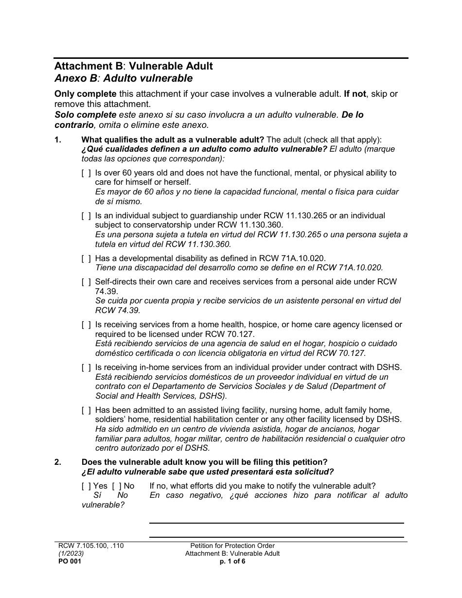 Form PO001 Petition for Protection Order - Washington (English / Spanish), Page 22