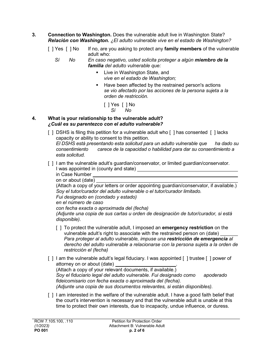 Form PO001 Petition for Protection Order - Washington (English / Spanish), Page 23