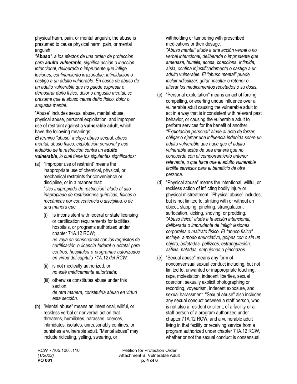 Form PO001 Petition for Protection Order - Washington (English / Spanish), Page 25