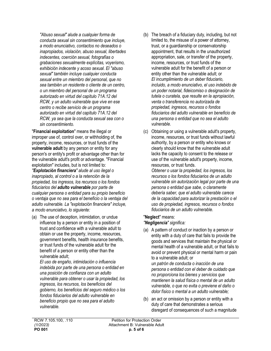 Form PO001 Petition for Protection Order - Washington (English / Spanish), Page 26