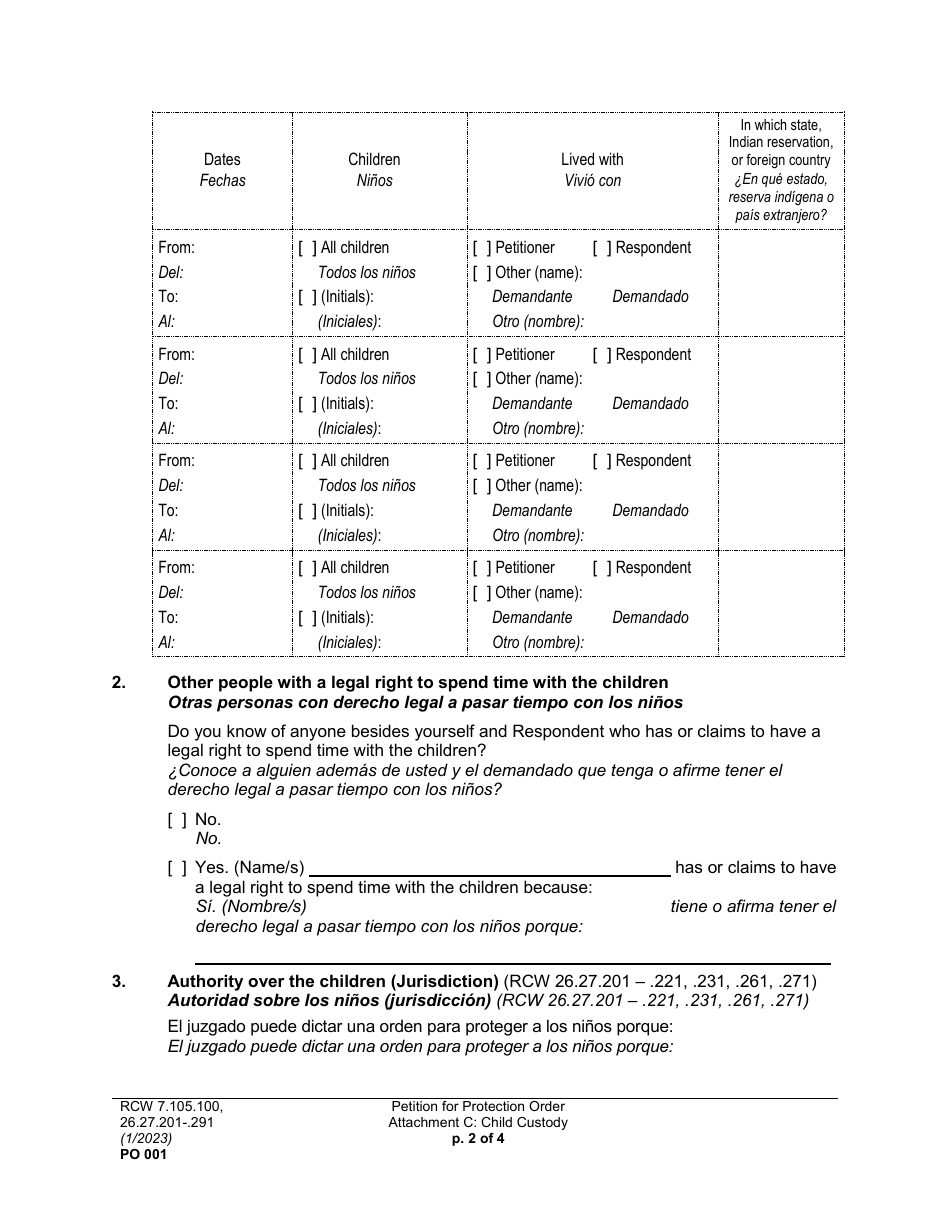 Form PO001 Petition for Protection Order - Washington (English / Spanish), Page 29