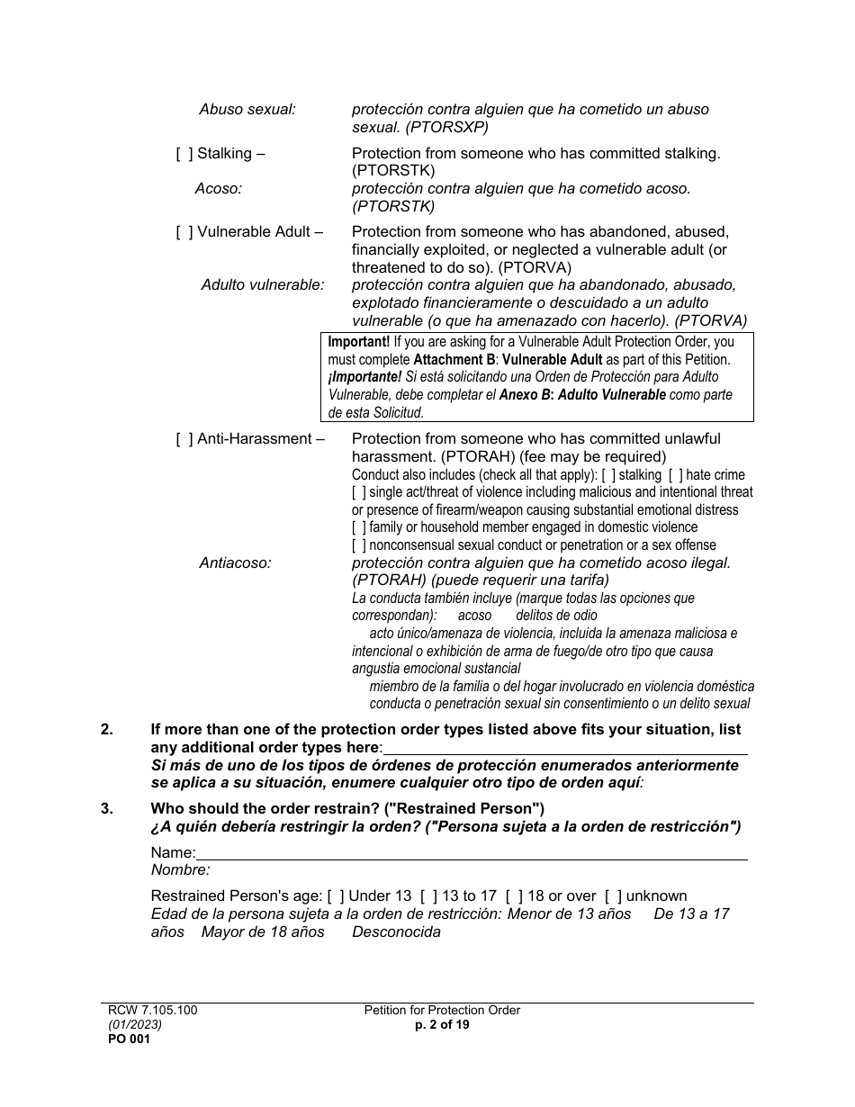 Form PO001 Petition for Protection Order - Washington (English / Spanish), Page 2