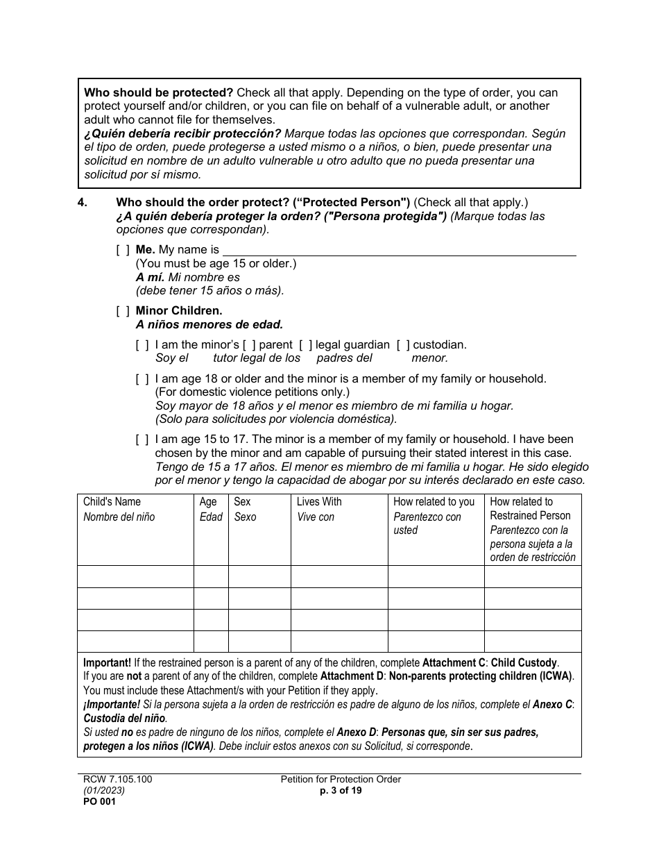 Form PO001 Petition for Protection Order - Washington (English / Spanish), Page 3