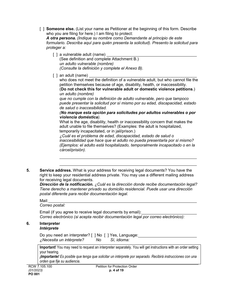 Form PO001 Petition for Protection Order - Washington (English / Spanish), Page 4