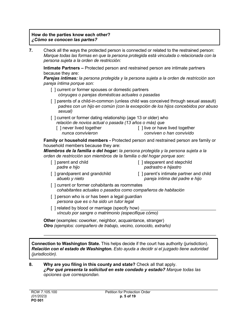 Form PO001 Petition for Protection Order - Washington (English / Spanish), Page 5