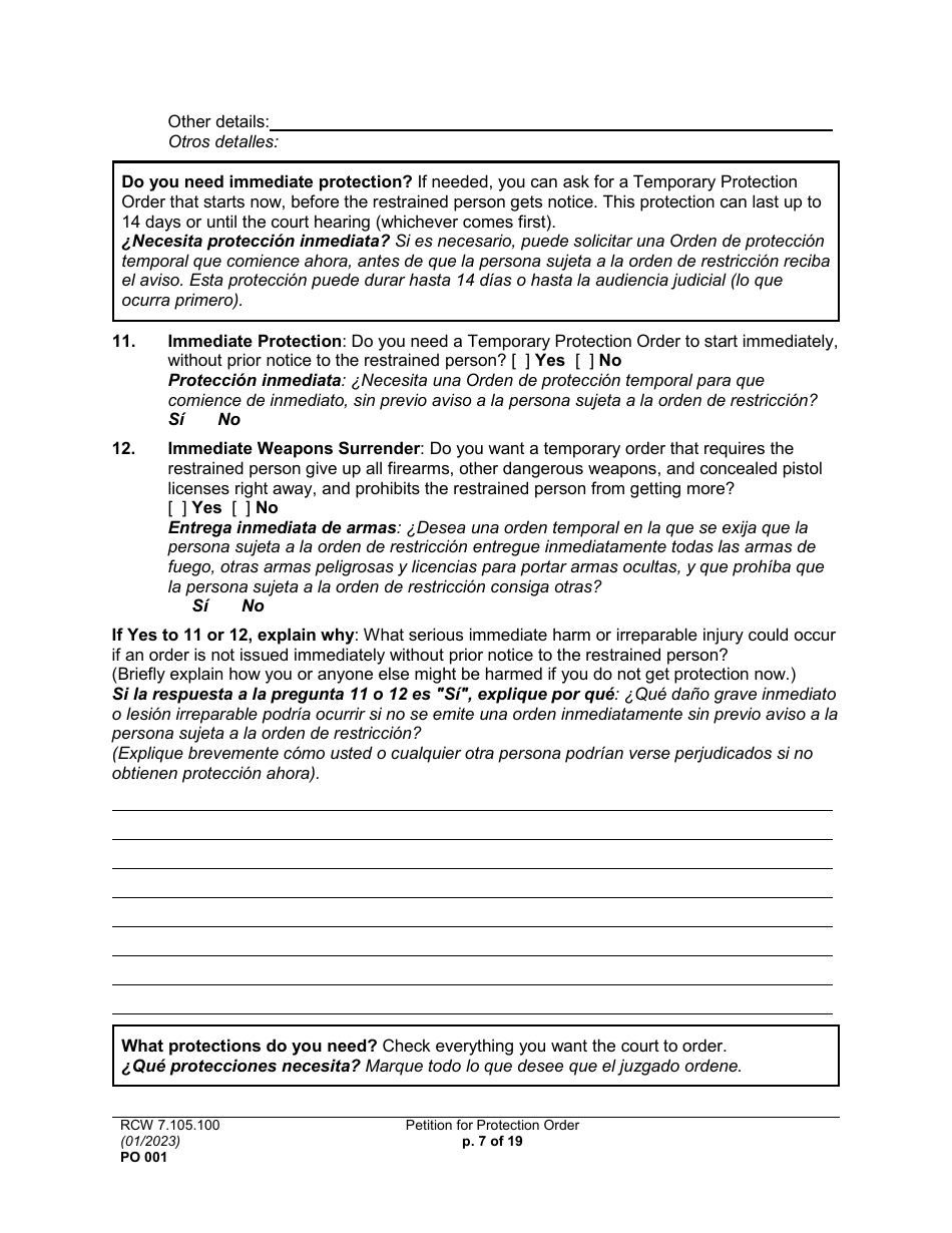 Form PO001 Petition for Protection Order - Washington (English / Spanish), Page 7