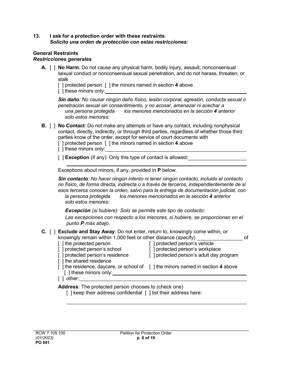 Form PO001 Petition for Protection Order - Washington (English / Spanish), Page 8