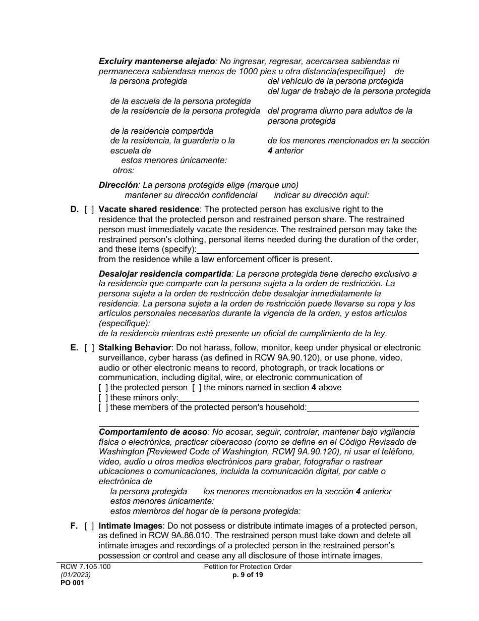 Form PO001 Petition for Protection Order - Washington (English / Spanish), Page 9