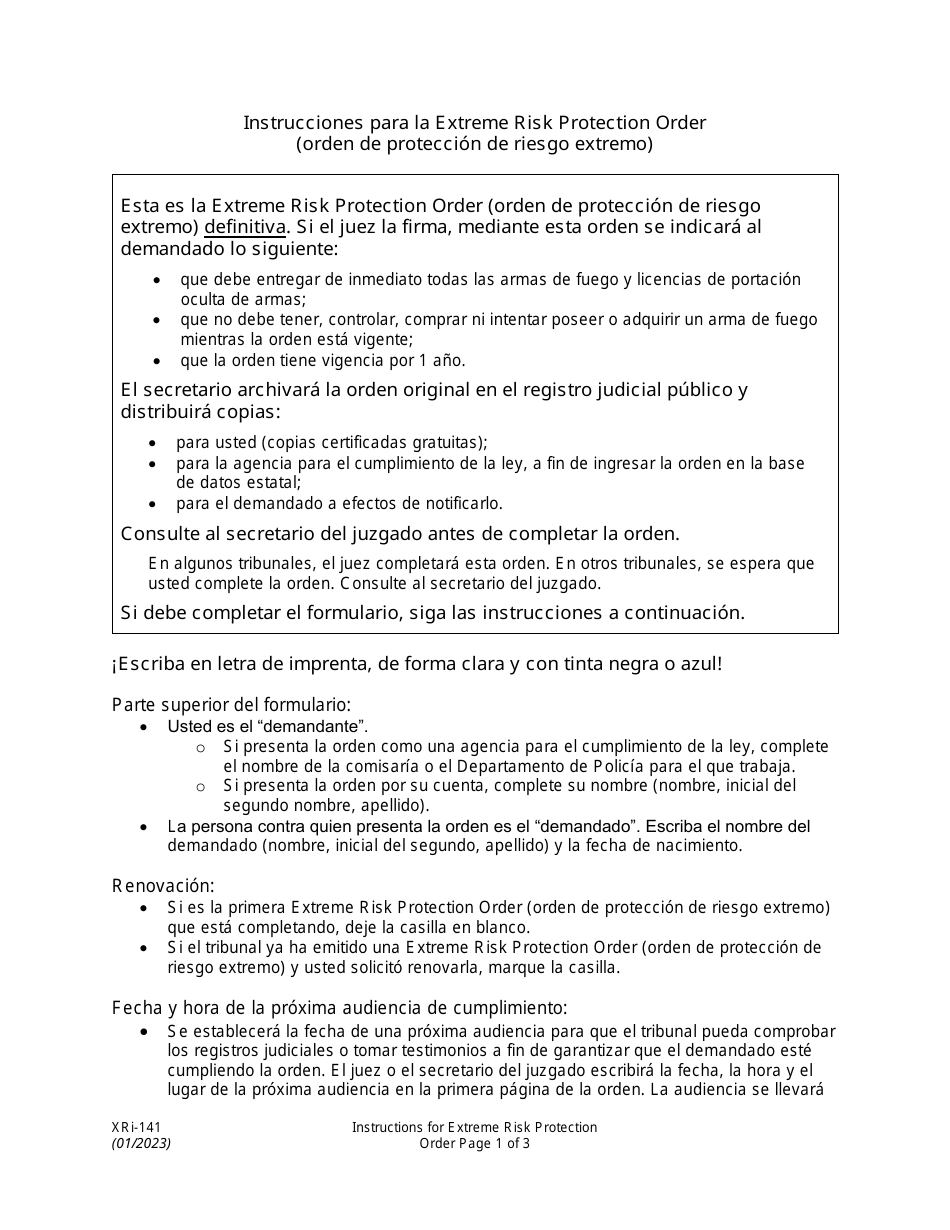 Instrucciones para Formulario XR141 Orden De Proteccion De Riesgo Extremo - Washington (Spanish), Page 1