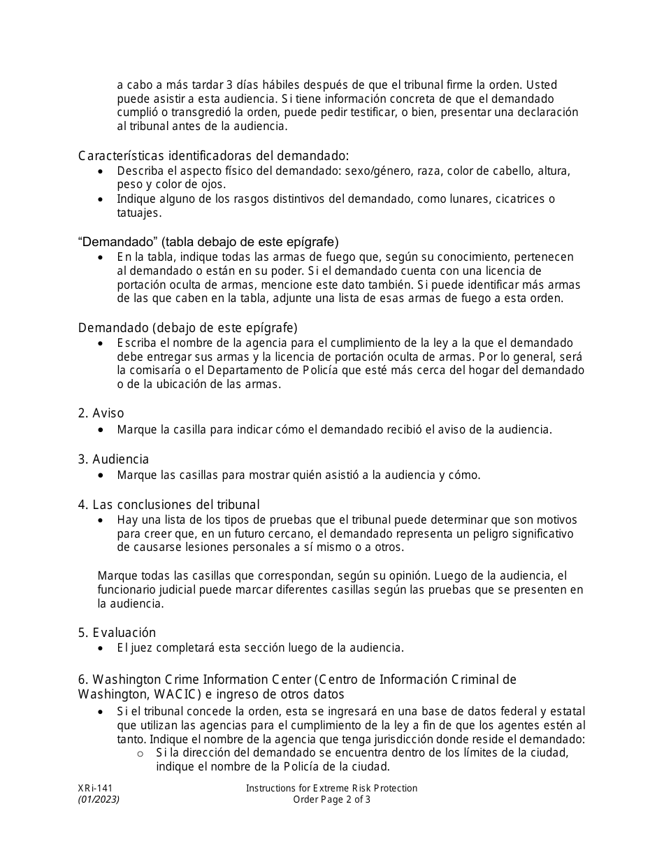 Instrucciones para Formulario XR141 Orden De Proteccion De Riesgo Extremo - Washington (Spanish), Page 2