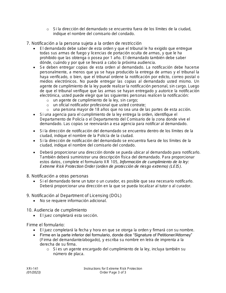 Instrucciones para Formulario XR141 Orden De Proteccion De Riesgo Extremo - Washington (Spanish), Page 3