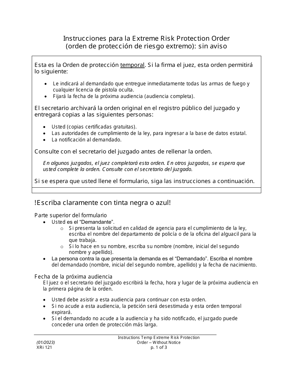Instrucciones para Formulario XR121 Orden De Proteccion De Riesgo Extremo - Sin Aviso - Washington (Spanish), Page 1