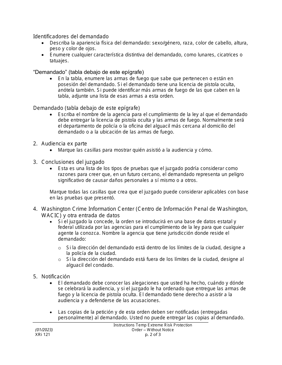 Instrucciones para Formulario XR121 Orden De Proteccion De Riesgo Extremo - Sin Aviso - Washington (Spanish), Page 2