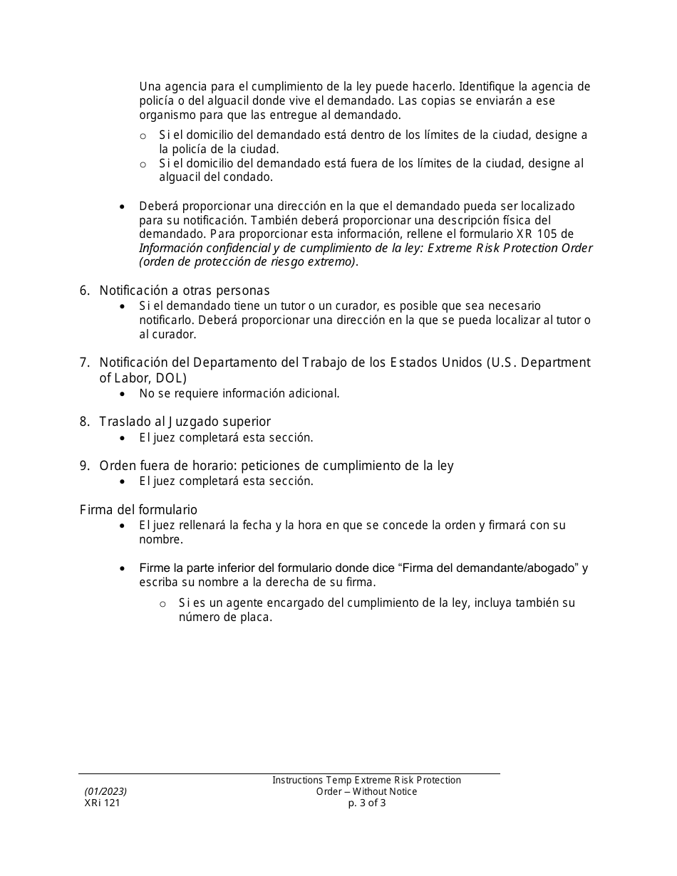 Instrucciones para Formulario XR121 Orden De Proteccion De Riesgo Extremo - Sin Aviso - Washington (Spanish), Page 3