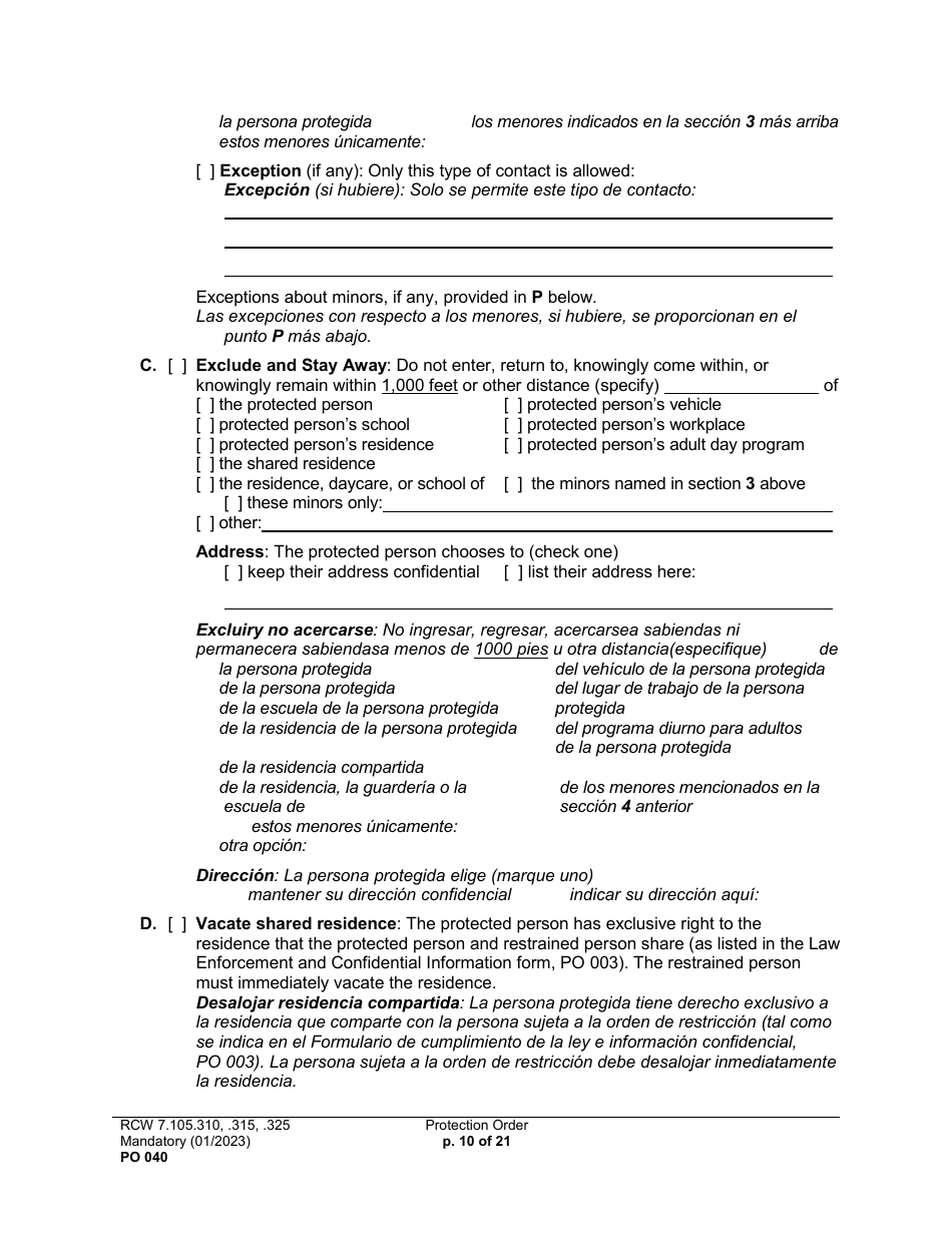 Form PO040 Protection Order - Washington (English / Spanish), Page 10