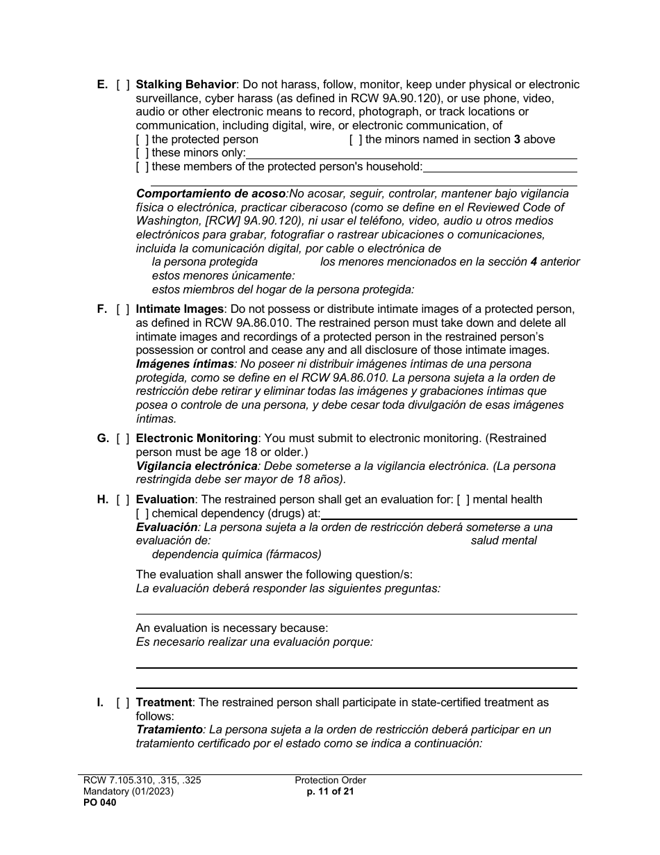 Form PO040 Protection Order - Washington (English / Spanish), Page 11