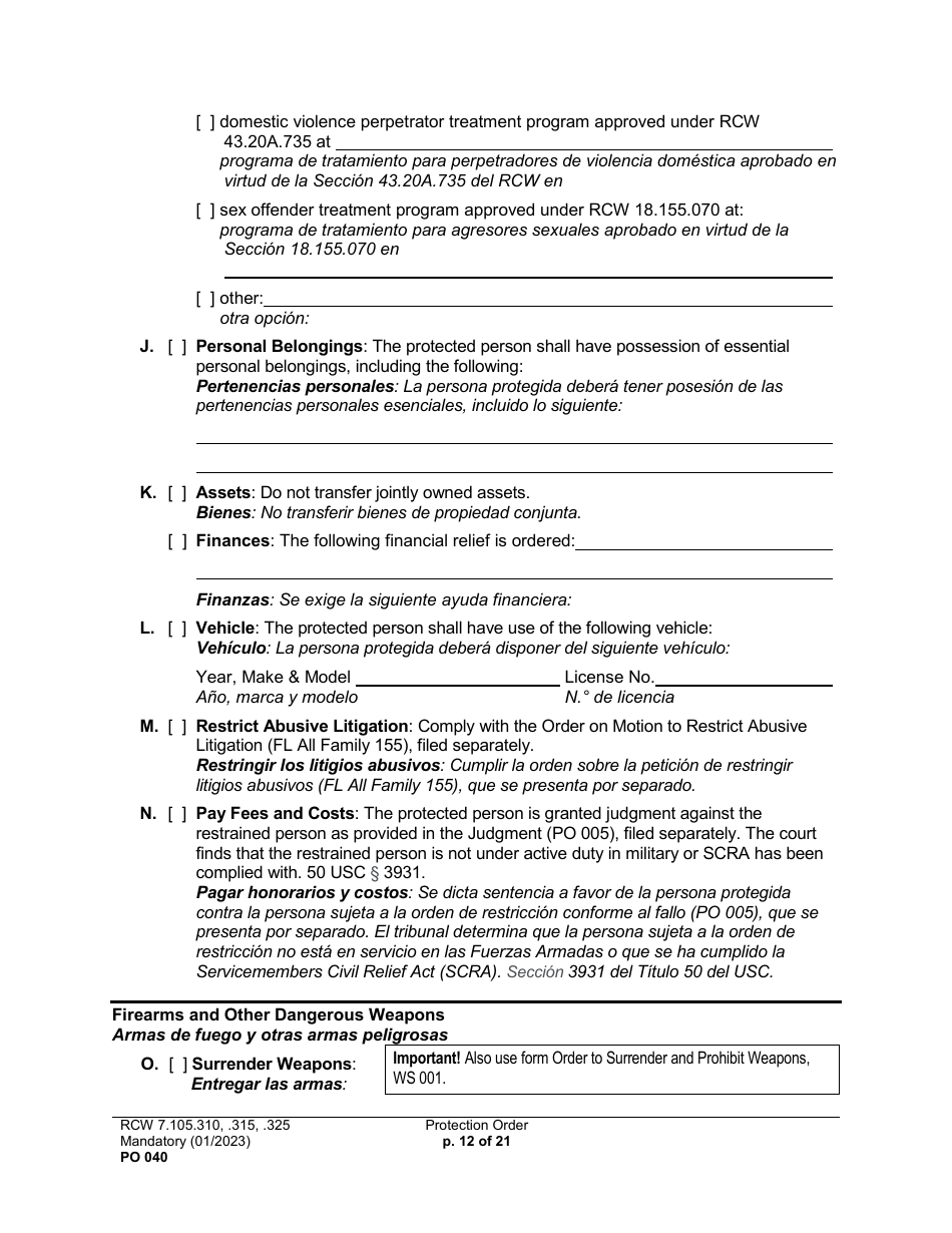 Form PO040 Protection Order - Washington (English / Spanish), Page 12