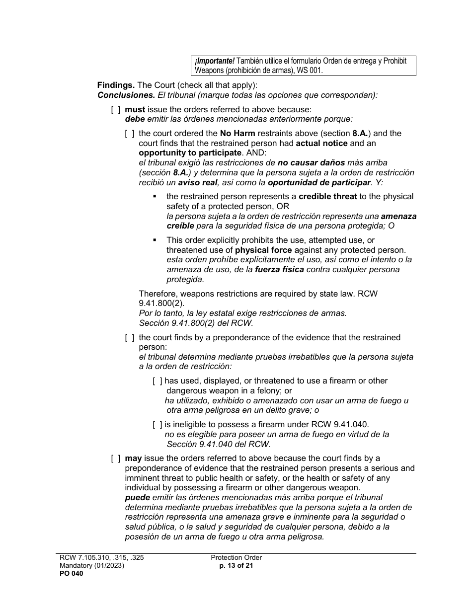 Form PO040 Protection Order - Washington (English / Spanish), Page 13