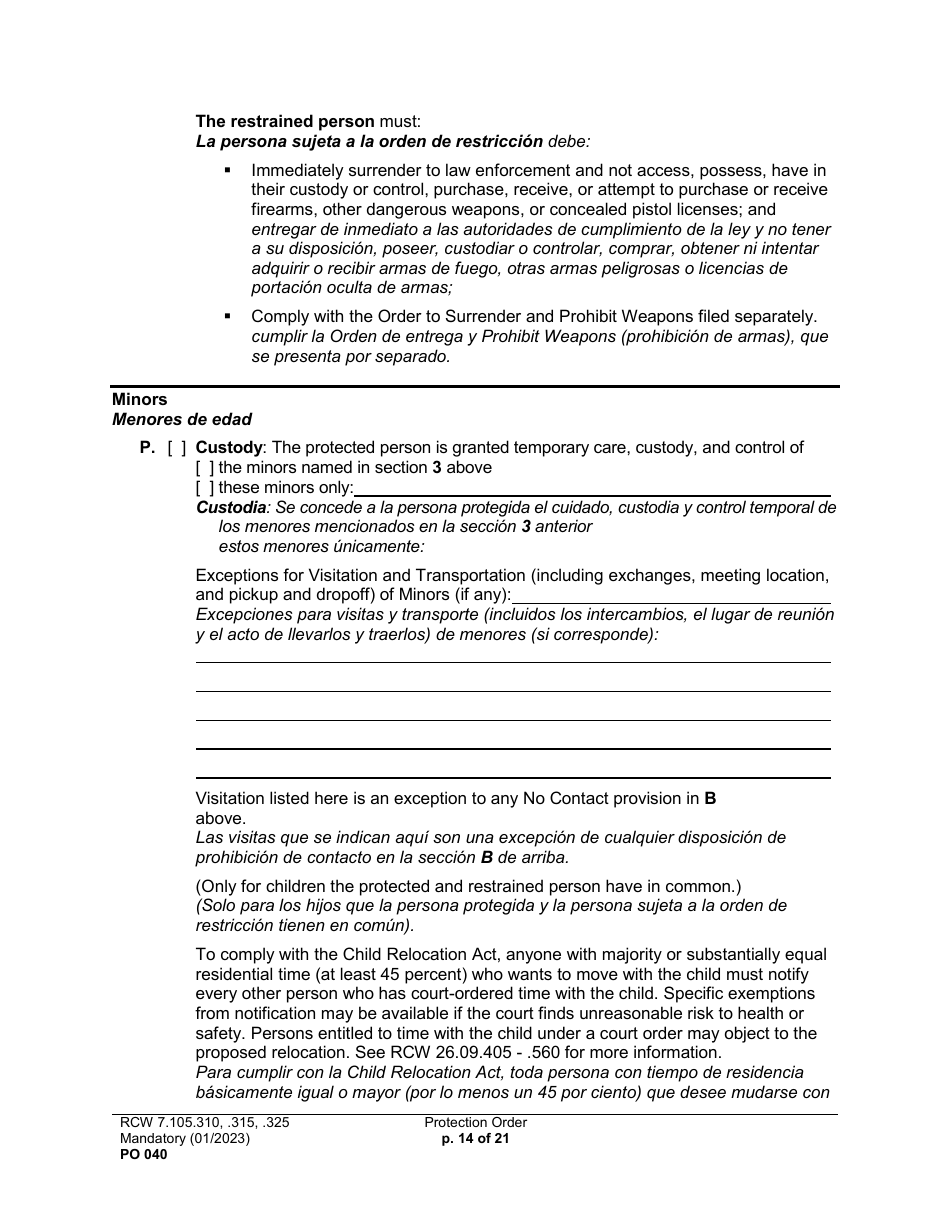 Form PO040 Protection Order - Washington (English / Spanish), Page 14